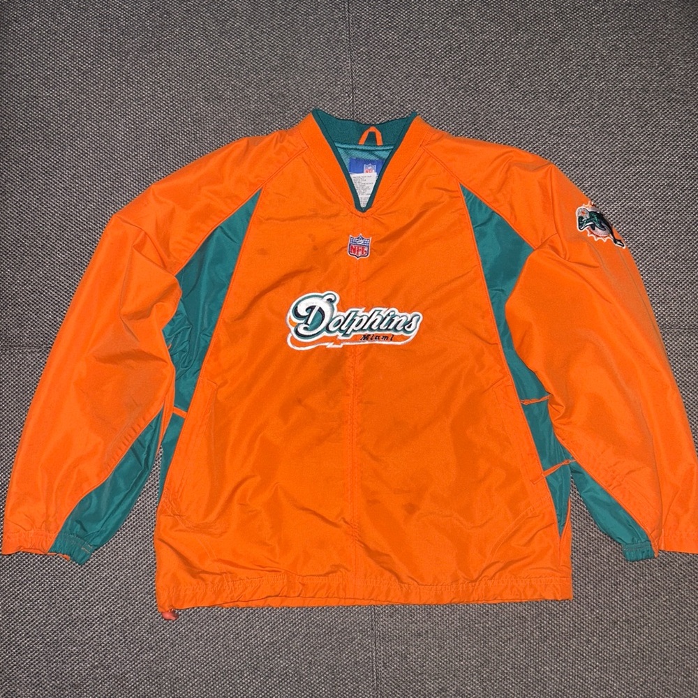 Vintage Y2K Orange and Teal Dolphins Pullover Windbreaker Kids Large Mens Small